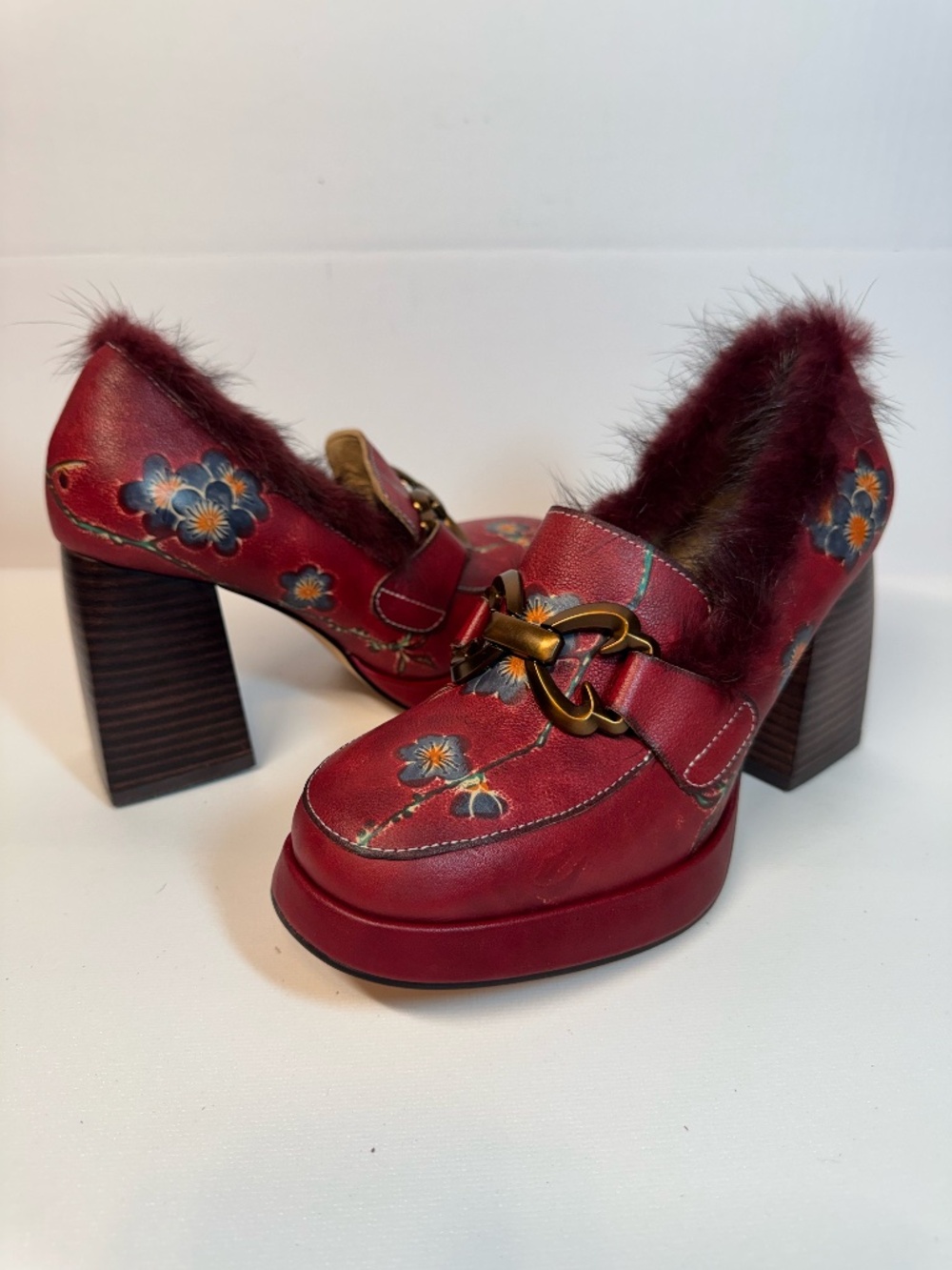 L'Artiste Spring Step Tango Red Floral Leather Faux Fur Platform Heels 37